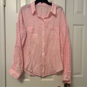Lilly Pulitzer Sea View Linen Button Down Shirt Pink Tropics Lace Trim Size XL